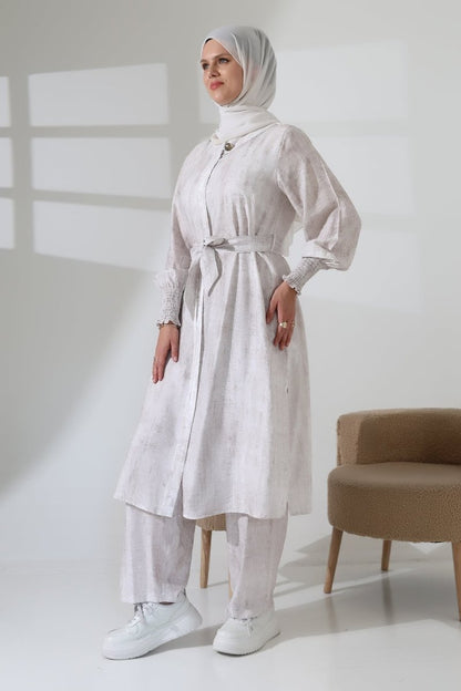 Women's Hidden Zipper, Side Slit, Gipeli Hajj/Umrah Outfit, Two-Piece Set, Ecru - ihvan