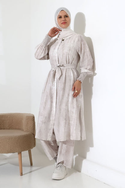 Women's Hidden Zipper, Side Slit, Gipeli Hajj/Umrah Outfit, Two-Piece Set, Ecru - ihvan
