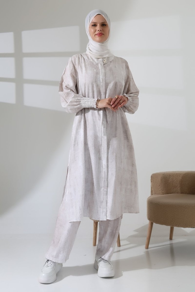 Women's Hidden Zipper, Side Slit, Gipeli Hajj/Umrah Outfit, Two-Piece Set, Ecru - ihvan