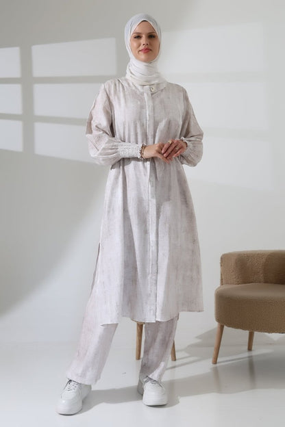 Women's Hidden Zipper, Side Slit, Gipeli Hajj/Umrah Outfit, Two-Piece Set, Ecru - ihvan