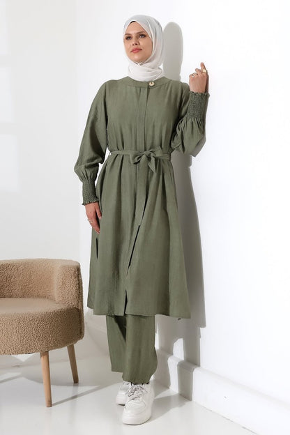 Women's Hidden Zipper, Side Slit, Gipeli Hajj/Umrah Outfit, Two-Piece Set, Khaki - ihvan