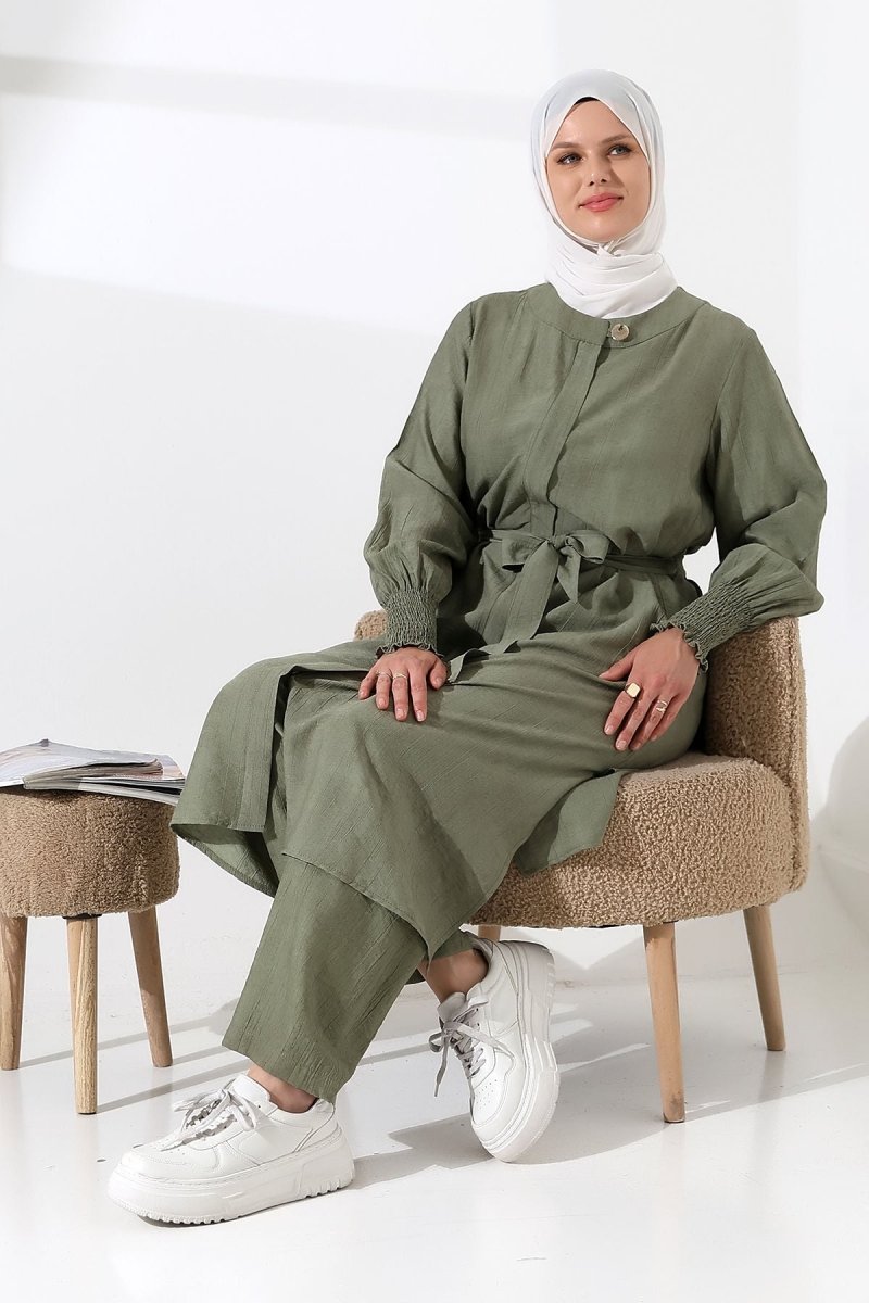 Women's Hidden Zipper, Side Slit, Gipeli Hajj/Umrah Outfit, Two-Piece Set, Khaki - ihvan