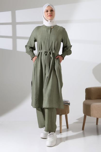Women's Hidden Zipper, Side Slit, Gipeli Hajj/Umrah Outfit, Two-Piece Set, Khaki - ihvan