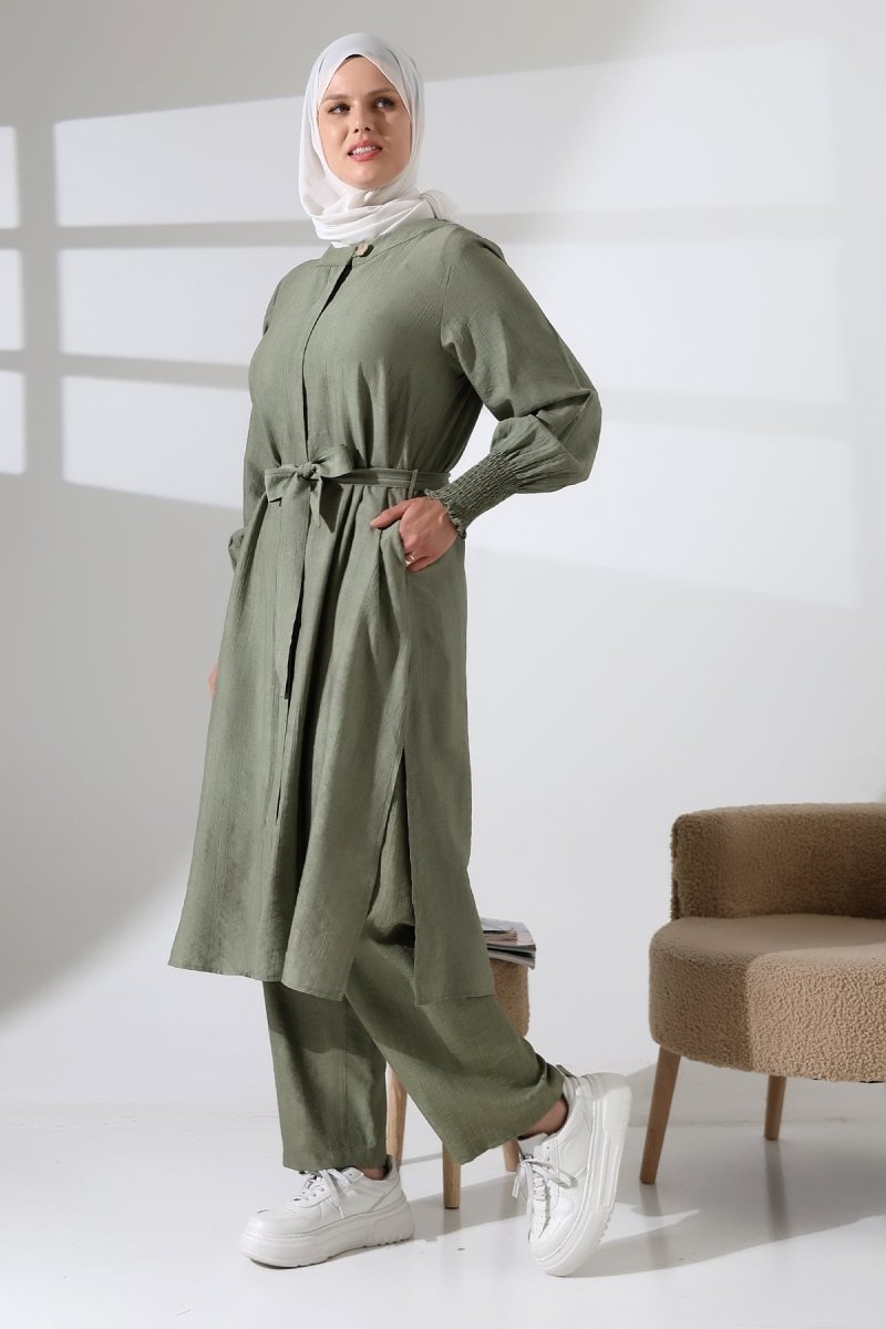 Women's Hidden Zipper, Side Slit, Gipeli Hajj/Umrah Outfit, Two-Piece Set, Khaki - ihvan