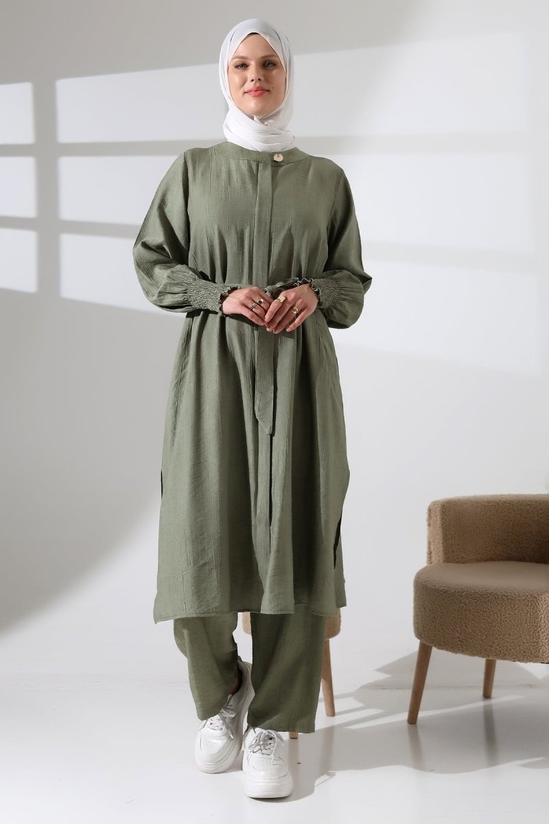 Women's Hidden Zipper, Side Slit, Gipeli Hajj/Umrah Outfit, Two-Piece Set, Khaki - ihvan