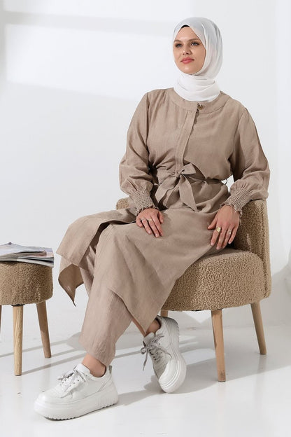 Women's Hidden Zipper, Side Slit, Gipeli Two-Piece Hijab Hajj/Umrah Outfit, Beige - ihvan
