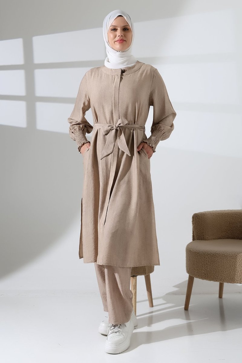 Women's Hidden Zipper, Side Slit, Gipeli Two-Piece Hijab Hajj/Umrah Outfit, Beige - ihvan