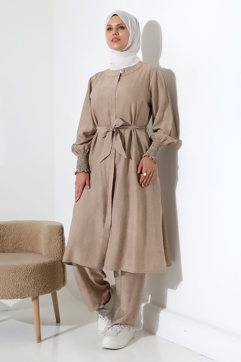 Women's Hidden Zipper, Side Slit, Gipeli Two-Piece Hijab Hajj/Umrah Outfit, Beige - ihvan