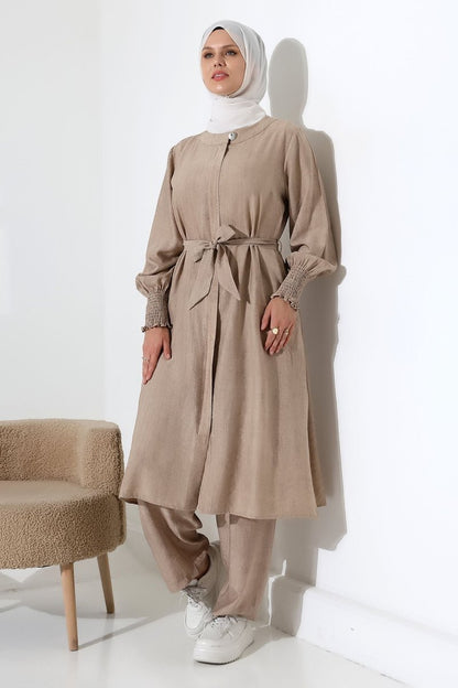 Women's Hidden Zipper, Side Slit, Gipeli Two-Piece Hijab Hajj/Umrah Outfit, Beige - ihvan