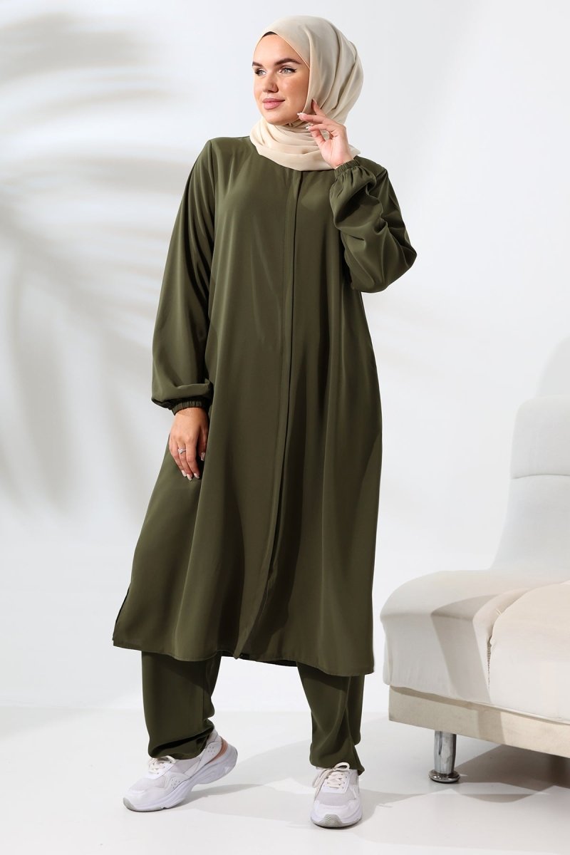 Women's Khaki Medina Silk Hajj and Umrah Hijab Two-Piece Set - ihvan