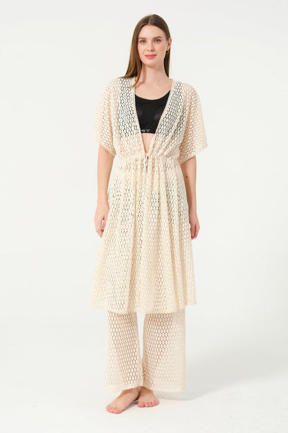 Women's Knitted Patterned Belted Chiffon Pareo - 2636 - 25 Cream - ihvan