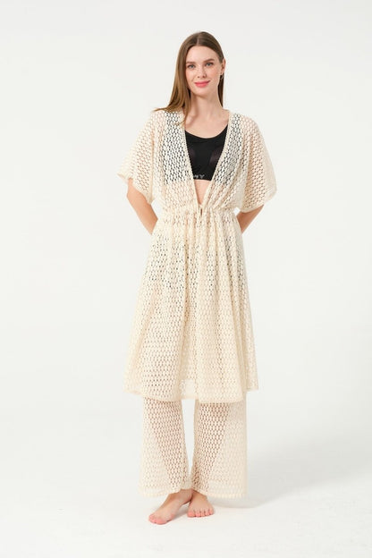 Women's Knitted Patterned Belted Chiffon Pareo - 2636 - 25 Cream - ihvan