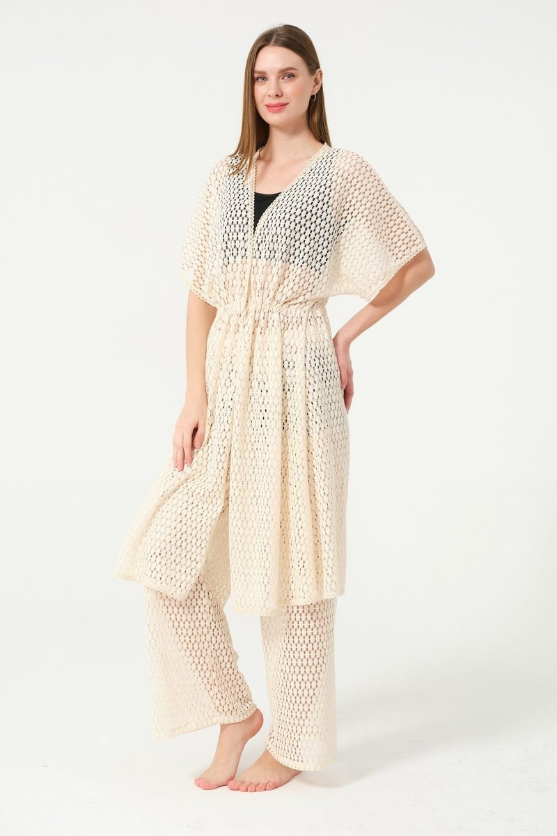 Women's Knitted Patterned Belted Chiffon Pareo - 2636 - 25 Cream - ihvan