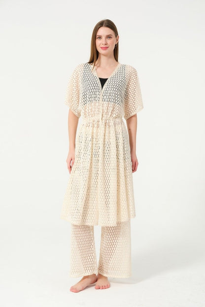 Women's Knitted Patterned Belted Chiffon Pareo - 2636 - 25 Cream - ihvan