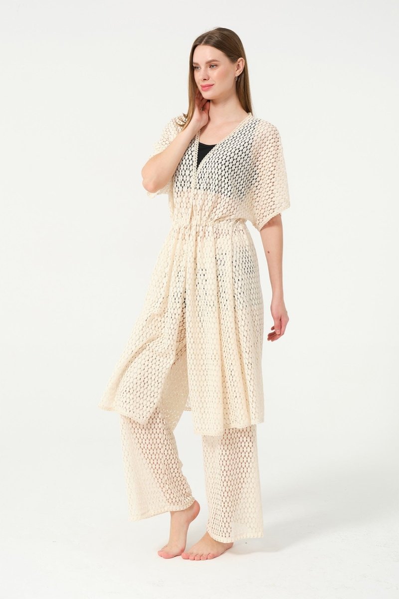 Women's Knitted Patterned Belted Chiffon Pareo - 2636 - 25 Cream - ihvan