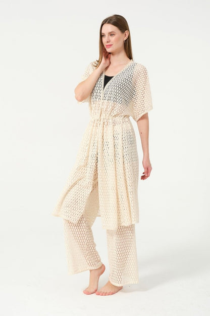 Women's Knitted Patterned Belted Chiffon Pareo - 2636 - 25 Cream - ihvan