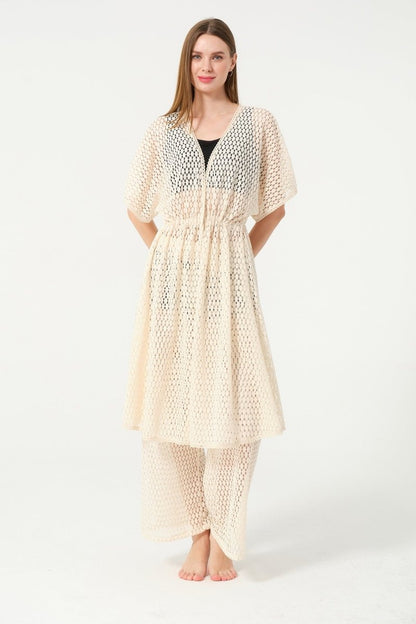 Women's Knitted Patterned Belted Chiffon Pareo - 2636 - 25 Cream - ihvan