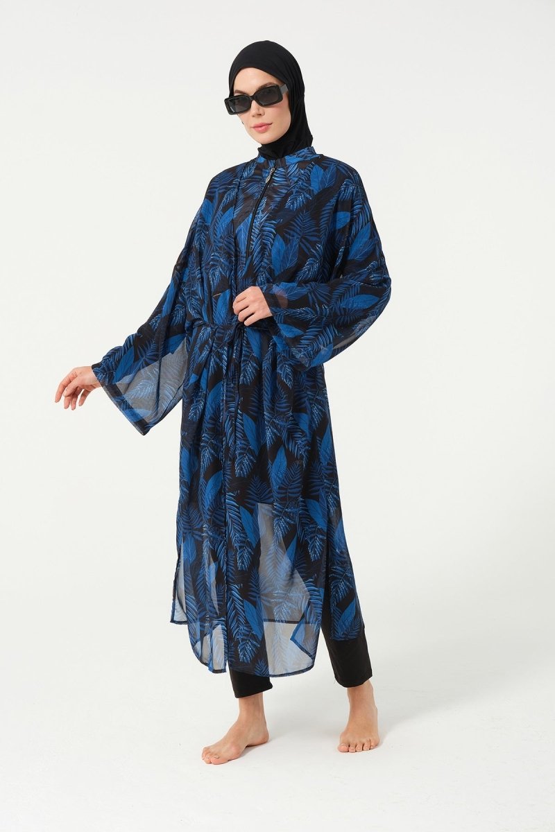 Women's Leaf Patterned Belted Chiffon Pareo - 2630 - 25 Black - ihvan