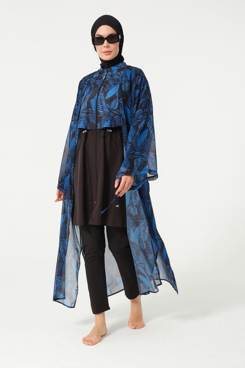 Women's Leaf Patterned Belted Chiffon Pareo - 2630 - 25 Black - ihvan