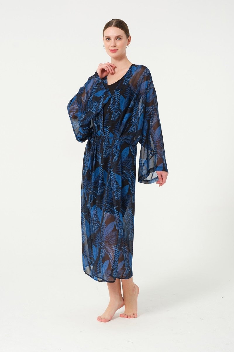 Women's Leaf Patterned Belted Chiffon Pareo - 2630 - 25 Black - ihvan