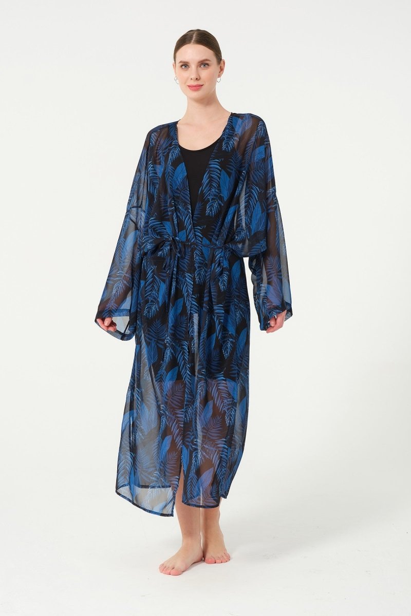 Women's Leaf Patterned Belted Chiffon Pareo - 2630 - 25 Black - ihvan