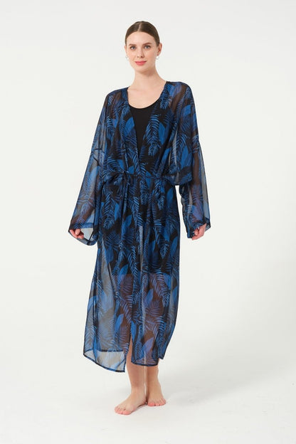 Women's Leaf Patterned Belted Chiffon Pareo - 2630 - 25 Black - ihvan