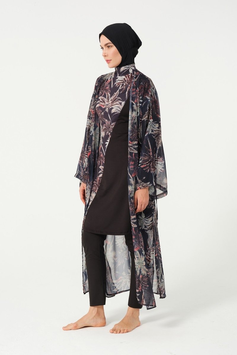 Women's Leaf Patterned Belted Chiffon Pareo - 2632 - 25 Black - ihvan