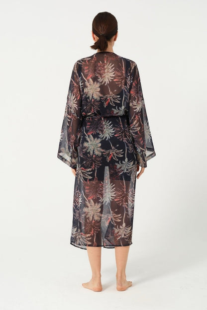 Women's Leaf Patterned Belted Chiffon Pareo - 2632 - 25 Black - ihvan