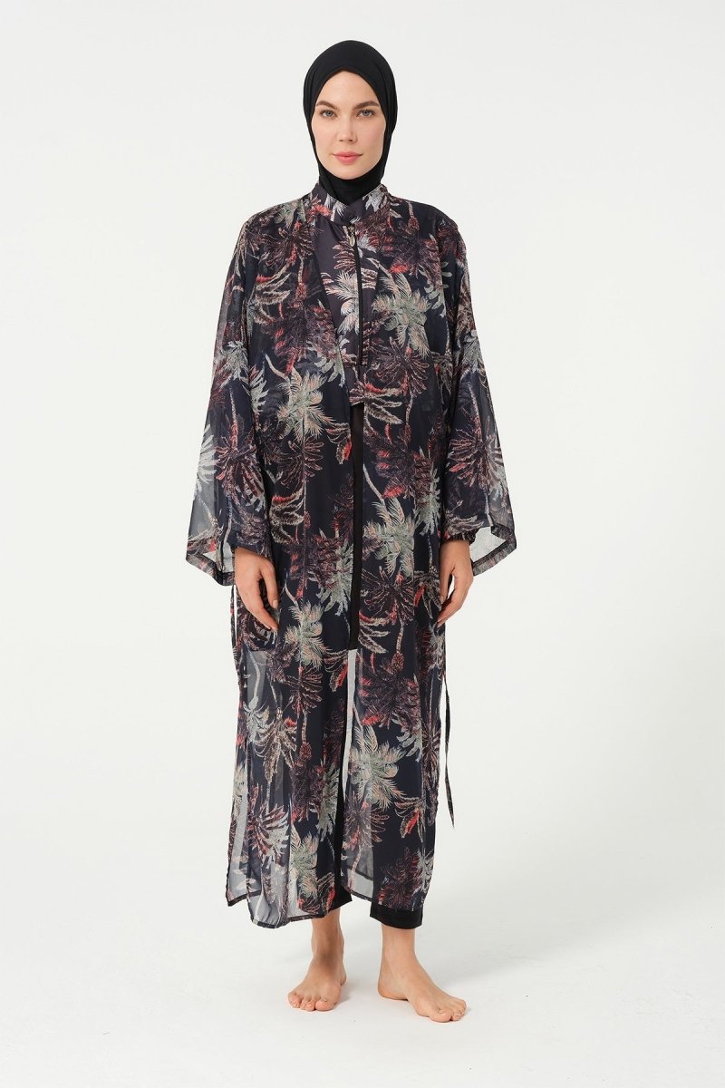 Women's Leaf Patterned Belted Chiffon Pareo - 2632 - 25 Black - ihvan