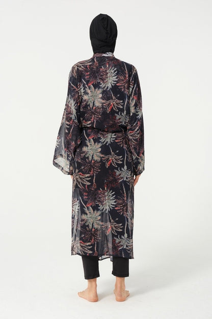 Women's Leaf Patterned Belted Chiffon Pareo - 2632 - 25 Black - ihvan