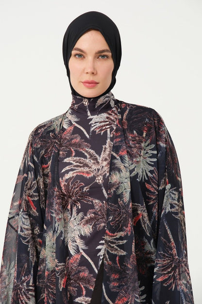 Women's Leaf Patterned Belted Chiffon Pareo - 2632 - 25 Black - ihvan
