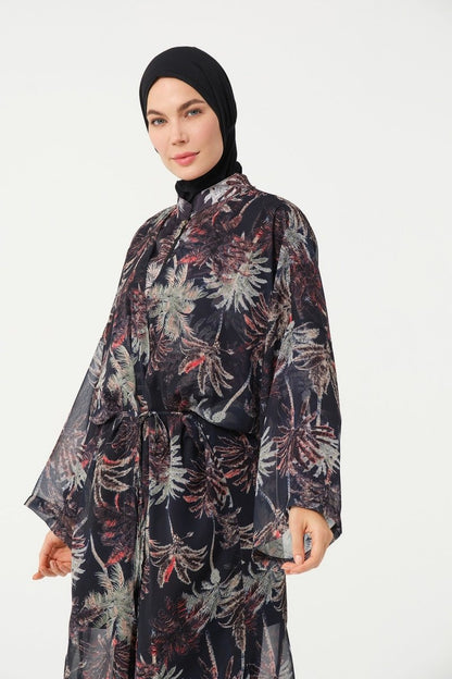 Women's Leaf Patterned Belted Chiffon Pareo - 2632 - 25 Black - ihvan