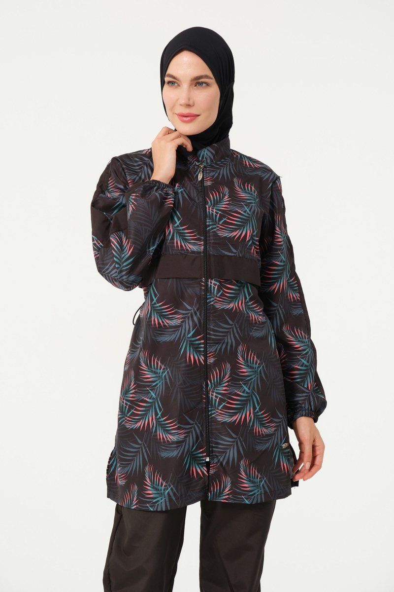 Women's Leaf Patterned Full Coverage Hijab Swimsuit 22171 - 25 Black - ihvan