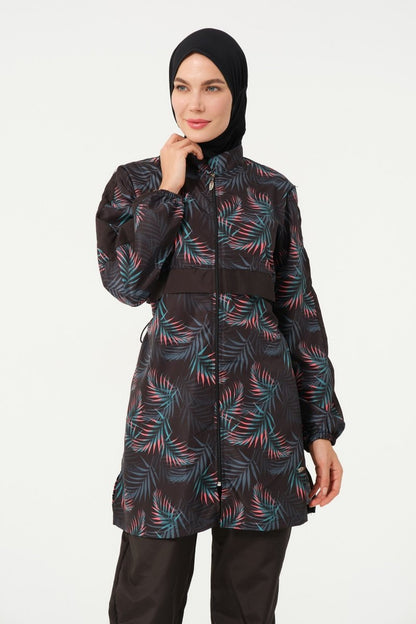 Women's Leaf Patterned Full Coverage Hijab Swimsuit 22171 - 25 Black - ihvan