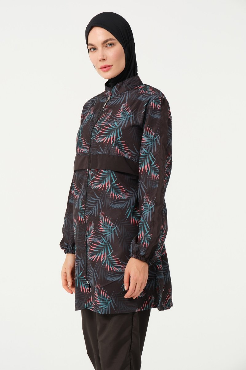 Women's Leaf Patterned Full Coverage Hijab Swimsuit 22171 - 25 Black - ihvan