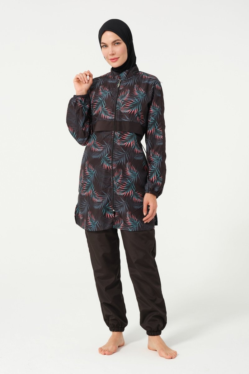 Women's Leaf Patterned Full Coverage Hijab Swimsuit 22171 - 25 Black - ihvan