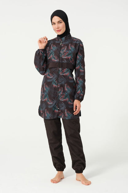 Women's Leaf Patterned Full Coverage Hijab Swimsuit 22171 - 25 Black - ihvan