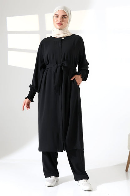 Women's Linen Hajj and Umrah Attire, Belted Hijab Two-Piece Set - Black - ihvan