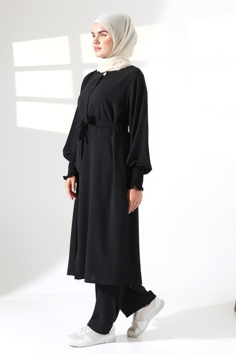 Women's Linen Hajj and Umrah Attire, Belted Hijab Two-Piece Set - Black - ihvan