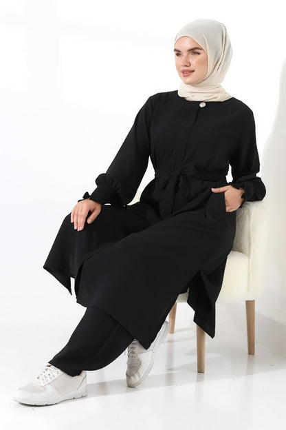 Women's Linen Hajj and Umrah Attire, Belted Hijab Two-Piece Set - Black - ihvan