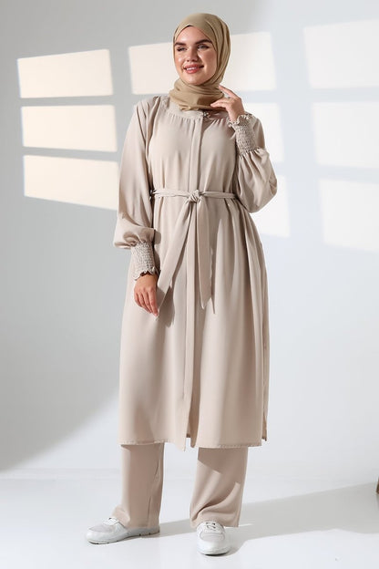 Women's Linen Hajj and Umrah Attire, Belted Hijab Two-Piece Set - Cream - ihvan