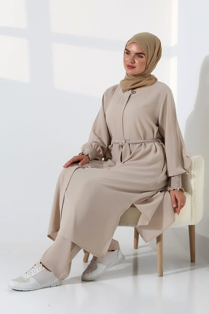 Women's Linen Hajj and Umrah Attire, Belted Hijab Two-Piece Set - Cream - ihvan