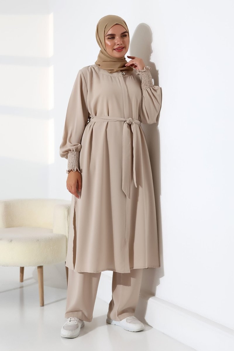 Women's Linen Hajj and Umrah Attire, Belted Hijab Two-Piece Set - Cream - ihvan