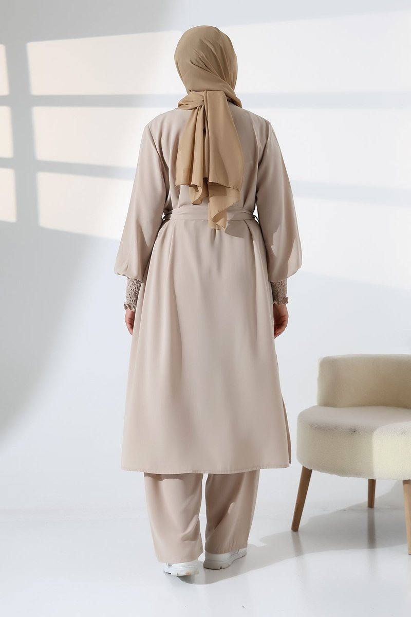 Women's Linen Hajj and Umrah Attire, Belted Hijab Two-Piece Set - Cream - ihvan