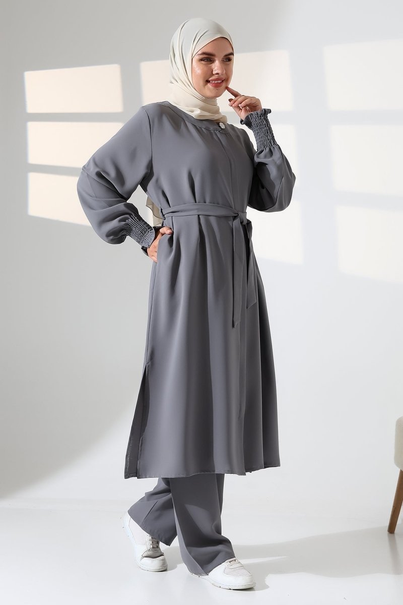 Women's Linen Hajj and Umrah Attire, Belted Hijab Two-Piece Set - Grey - ihvan