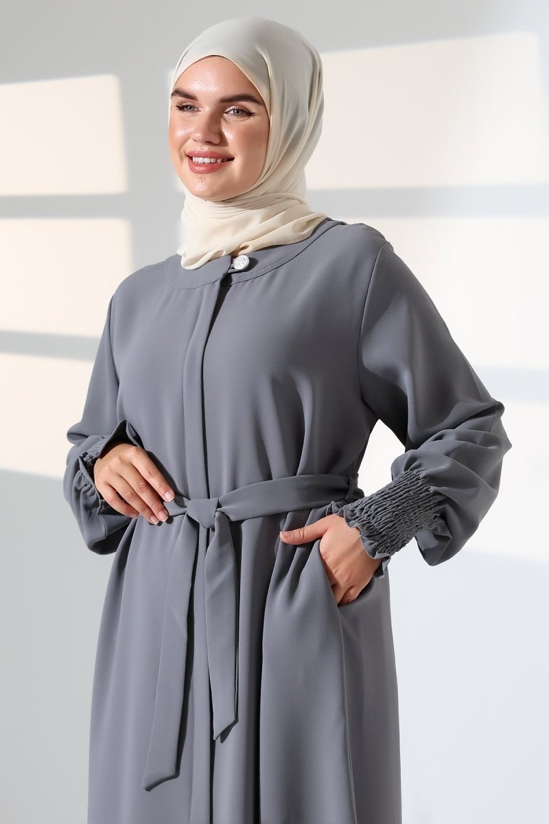 Women's Linen Hajj and Umrah Attire, Belted Hijab Two-Piece Set - Grey - ihvan