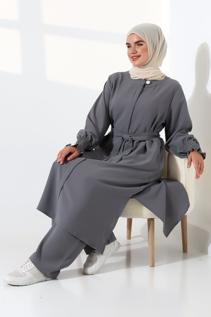 Women's Linen Hajj and Umrah Attire, Belted Hijab Two-Piece Set - Grey - ihvan