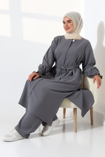 Women's Linen Hajj and Umrah Attire, Belted Hijab Two-Piece Set - Grey - ihvan