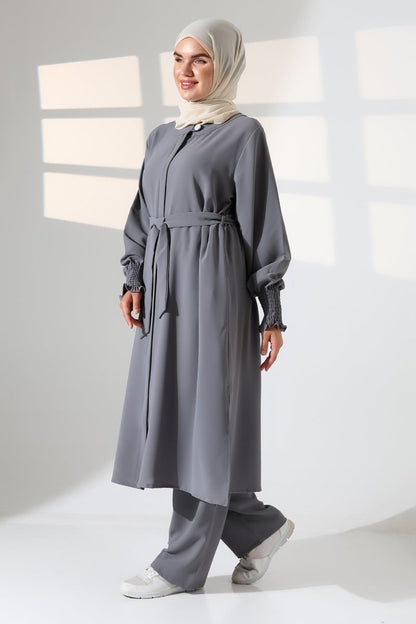 Women's Linen Hajj and Umrah Attire, Belted Hijab Two-Piece Set - Grey - ihvan