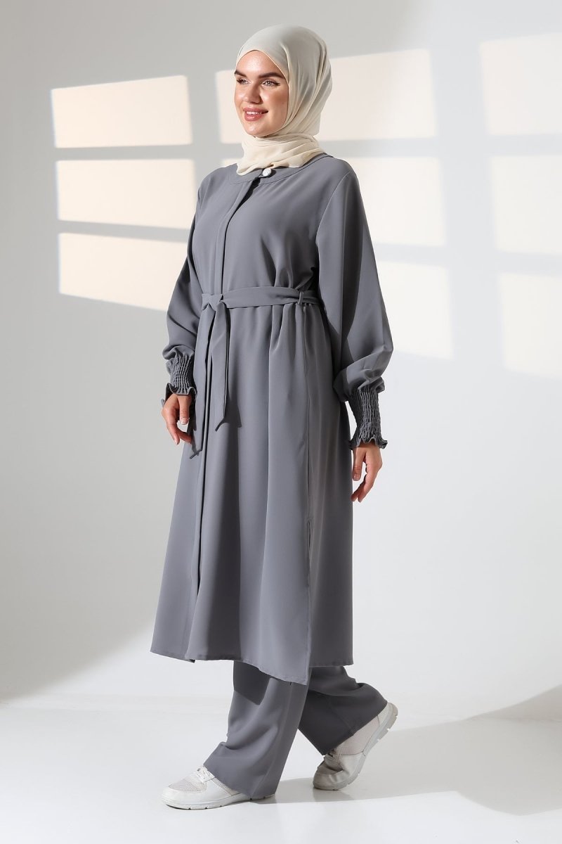 Women's Linen Hajj and Umrah Attire, Belted Hijab Two-Piece Set - Grey - ihvan
